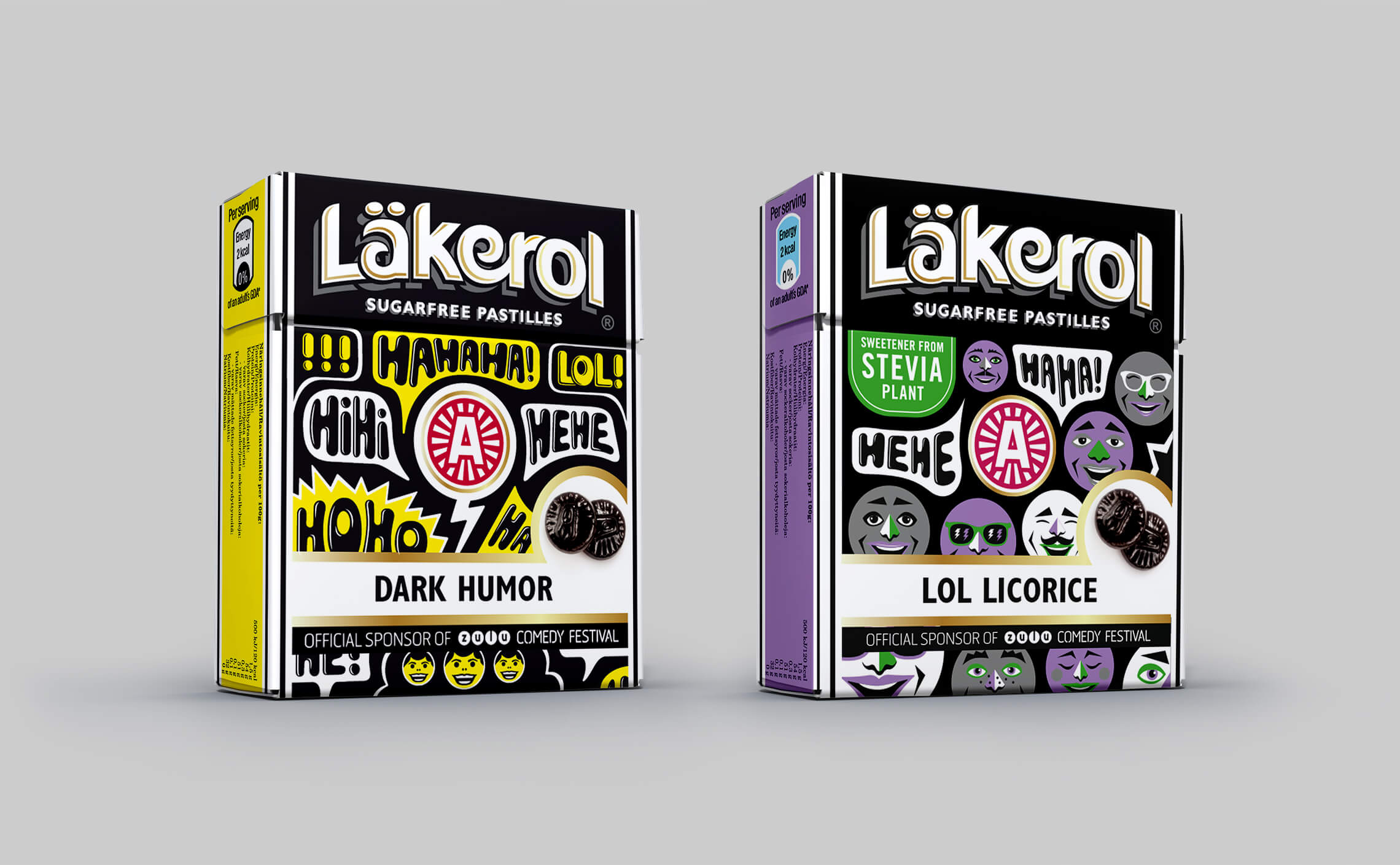 Två Läkerol-askar med titlarna "Dark humor" och "Lol Licorice"