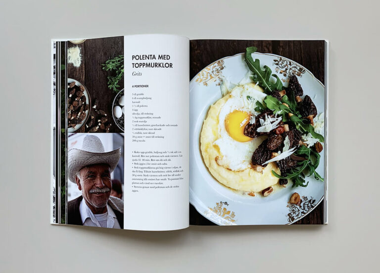 Uppslag med recept på polenta med toppmurklor i boken "Mest grönt och konsten att koka bläckfisk"